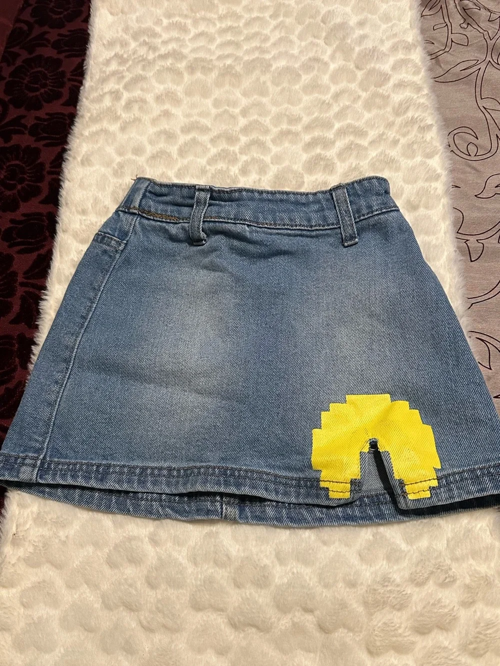 Justice Blue Denim Skirt with Yellow Pac Man Design Patch